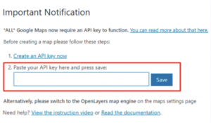 Paste your API key do Google maps no WordPress