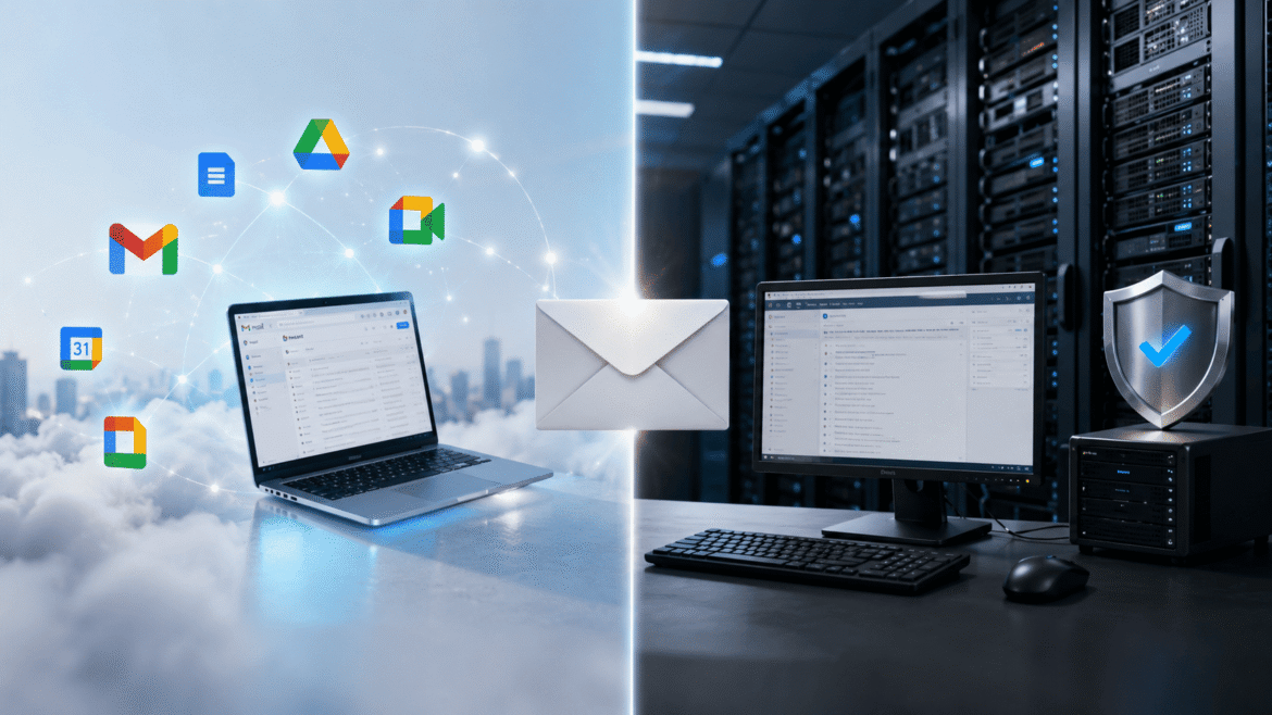 Comparação entre Google Workspace e servidor de e-mail corporativo para empresas.