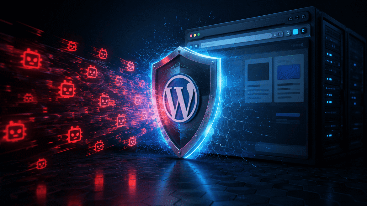 Representação de ataques automatizados sendo bloqueados por um sistema de segurança WordPress.