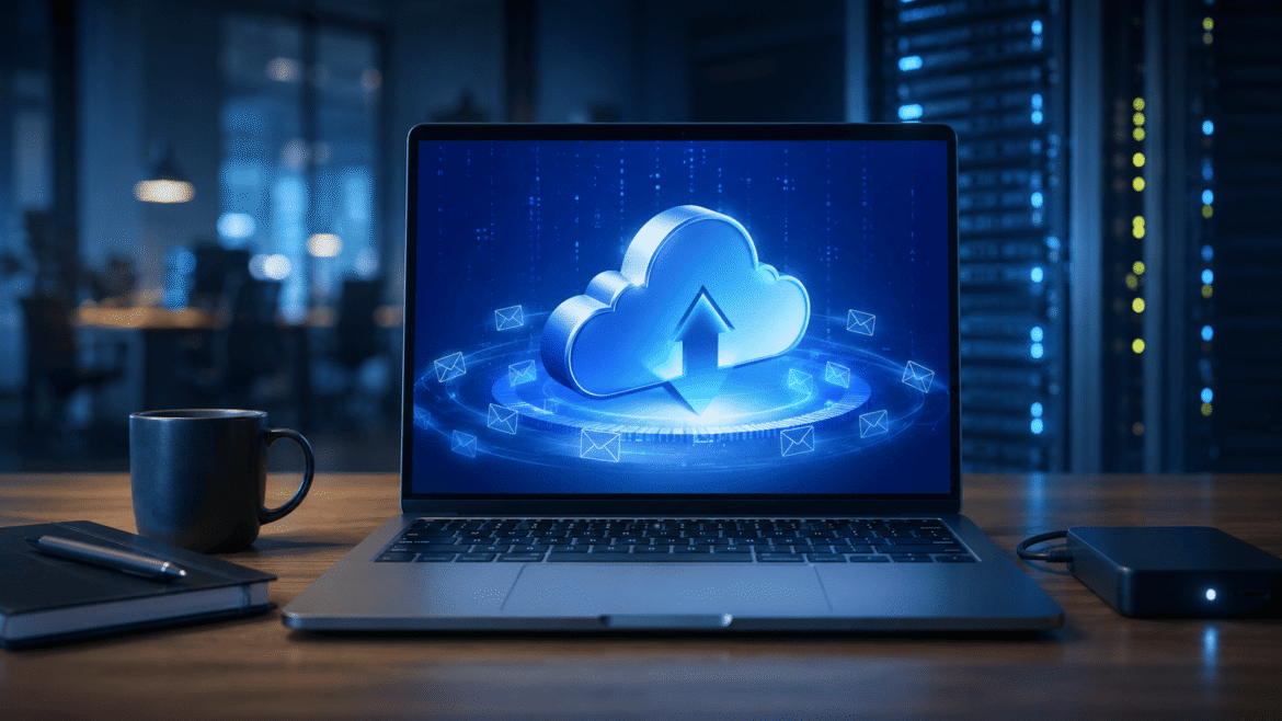 Sistema realizando backup automático de e-mails corporativos em ambiente seguro.