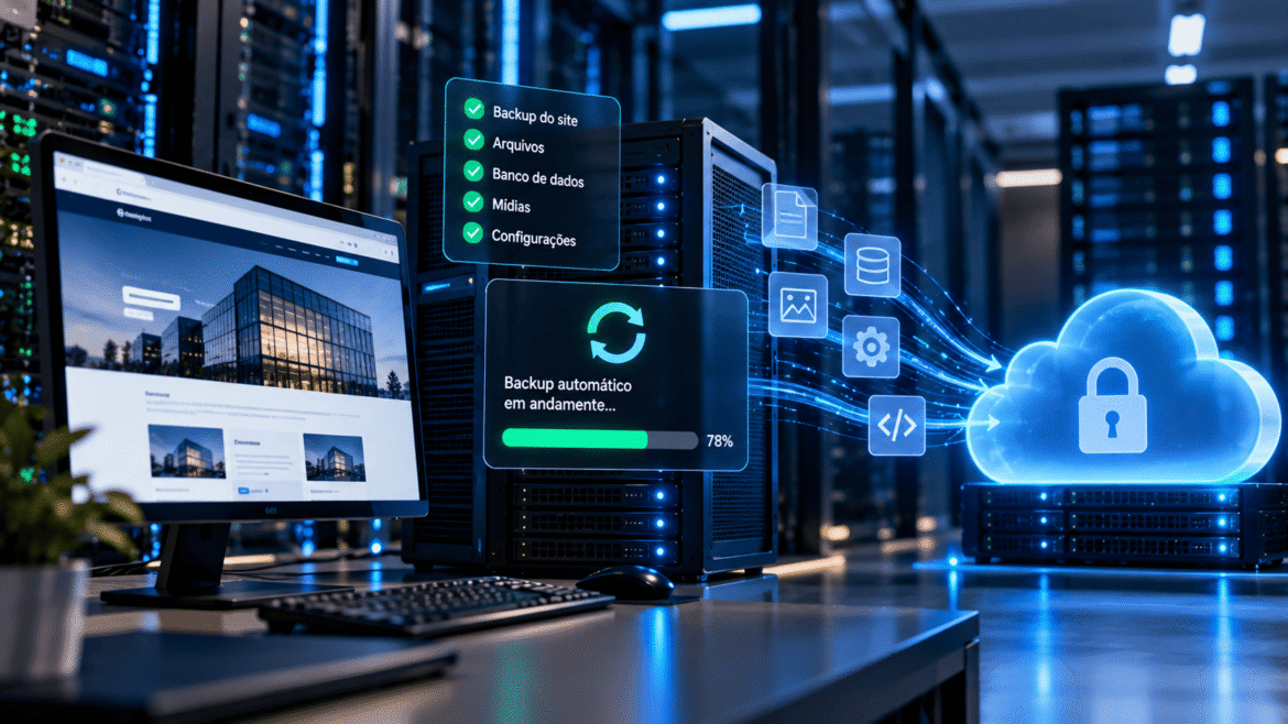 Servidor realizando backup automático de um site empresarial em armazenamento seguro.