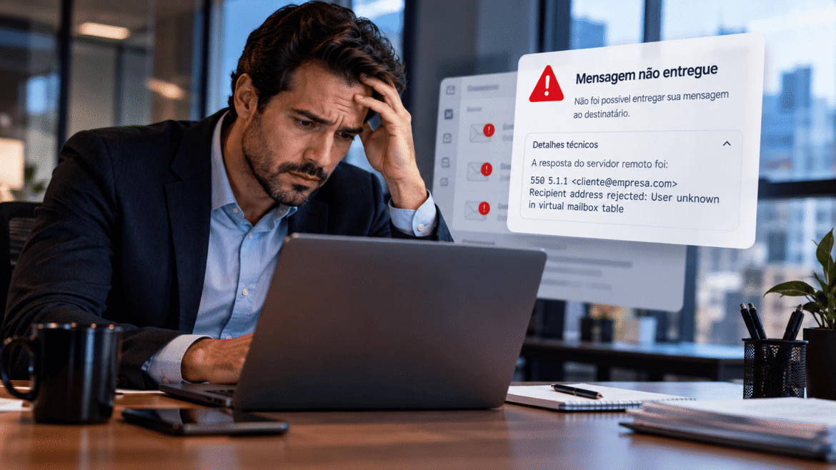Empresário preocupado ao perceber que seus e-mails corporativos não chegaram aos clientes.