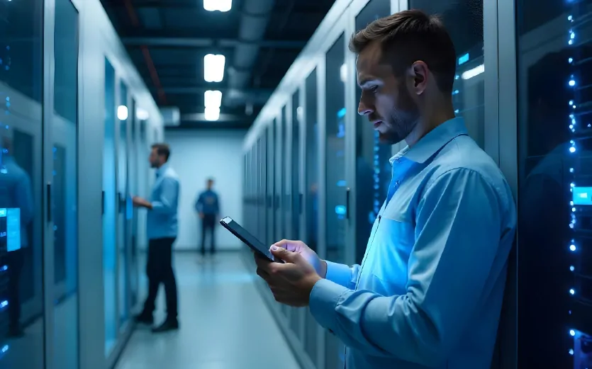 hospedagem-dedicada-o-que-avaliar Profissional analisando servidor dedicado em data center moderno, ilustrando hospedagem dedicada com recursos exclusivos e alta segurança