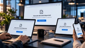 Ilustração mostrando clientes tentando acessar um site indisponível.