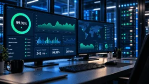Painel de monitoramento exibindo indicadores de uptime e disponibilidade.